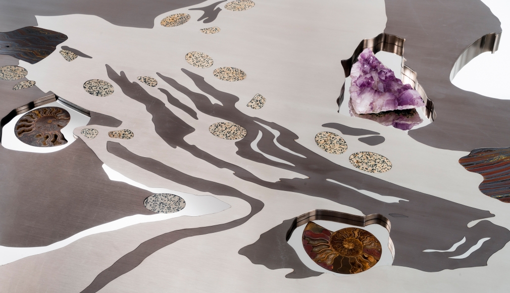 Maria Pergay, Detail of Table Galet, 2016, Stainless steel, precious stones, Plexiglas base